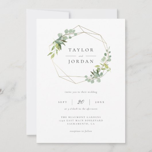 Chic Goud Geometrische Eucalyptus Groen Huwelijk Kaart (Voorkant)