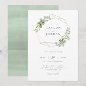 Chic Goud Geometrische Eucalyptus Groen Huwelijk Kaart (Voorkant / Achterkant)