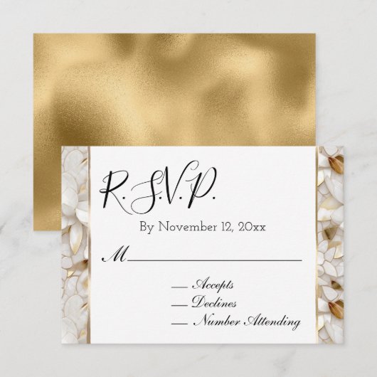 Chic Goud Glam Witte Lotusbloemen RSVP Informatiekaartje (Voorkant / Achterkant)