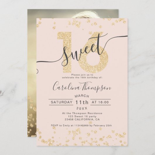 Chic goud glitter confetti blush Sweet 16 foto Kaart (Voorkant / Achterkant)