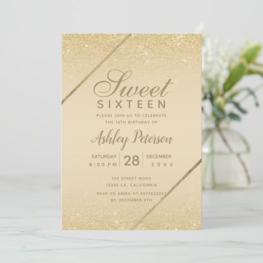 Chic goud glitter script ivoren foto Sweet 16 Kaart (Staand voorkant)
