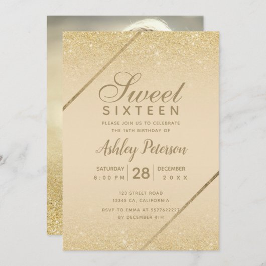 Chic goud glitter script ivoren foto Sweet 16 Kaart (Voorkant / Achterkant)