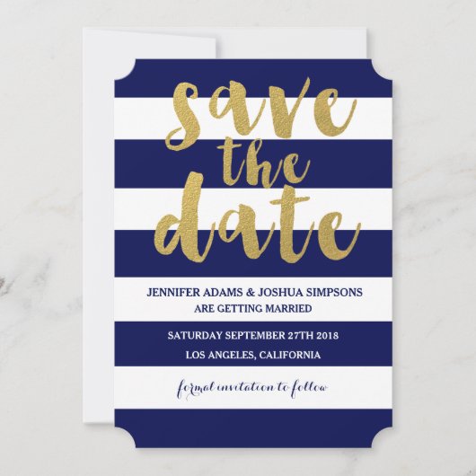 Chic Goud | Krachtige Blauwe Streep Save the Date Kaart (Voorkant)