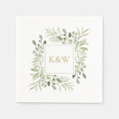Chic Goud Monogram Bloemmotief met Groene Bladeren Servet (Voorkant)