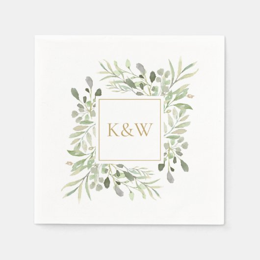 Chic Goud Monogram Bloemmotief met Groene Bladeren Servet (Voorkant)