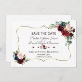 Chic Goud Navy Blauwe Merlot Bloemige Bewaar De Da Save The Date (Voorkant / Achterkant)