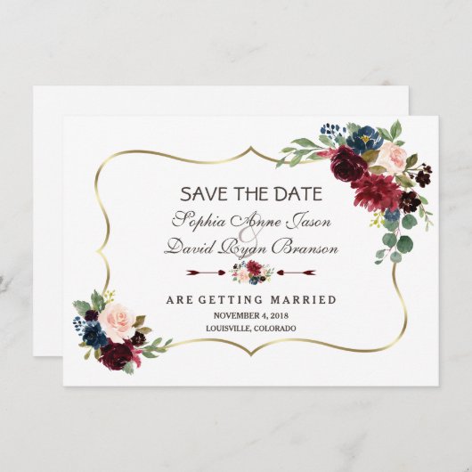 Chic Goud Navy Blauwe Merlot Bloemige Bewaar De Da Save The Date (Voorkant / Achterkant)