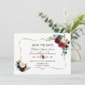 Chic Goud Navy Blauwe Merlot Bloemige Bewaar De Da Save The Date (Staand voorkant)