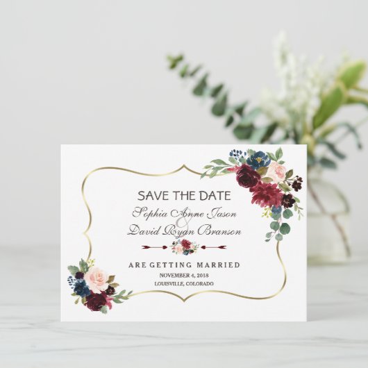 Chic Goud Navy Blauwe Merlot Bloemige Bewaar De Da Save The Date (Staand voorkant)