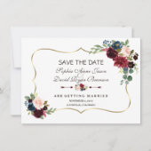 Chic Goud Navy Blauwe Merlot Bloemige Bewaar De Da Save The Date (Voorkant)