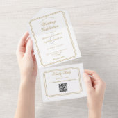 Chic Goud QR Code Art Deco Monogram Huwelijk All In One Uitnodiging (Afscheurbaar)