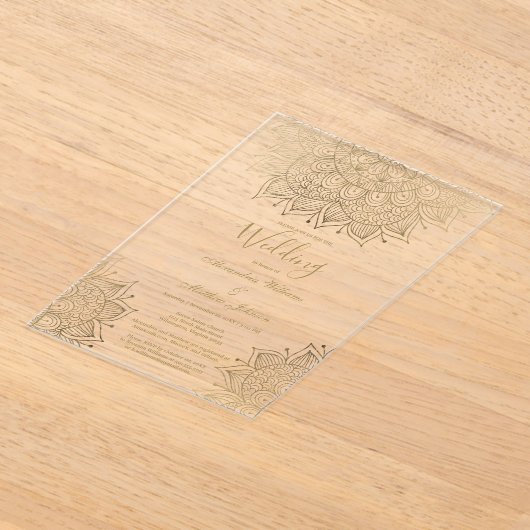 Chic goud wit elegante bloemen mandala bruiloft acryl uitnodigingen (Laagn)