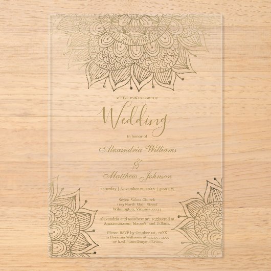 Chic goud wit elegante bloemen mandala bruiloft acryl uitnodigingen (Voorkant)