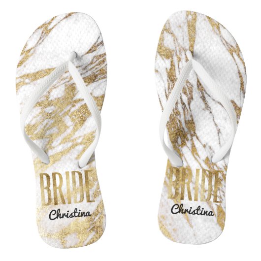 Chic Goud Wit Marmeren Bruid Huwelijk Bachelorette Teenslippers (Voetbed)
