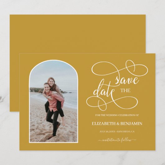 Chic Goud Witte Gebogen Frame Foto Save the Date (Voorkant / Achterkant)