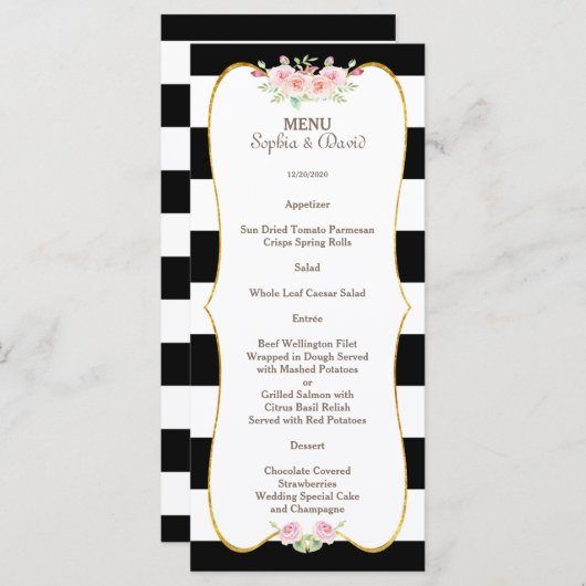 Chic Goud Zwart Wit Strepen Bloemen Bruiloftsmenu Menu (Voorkant / Achterkant)