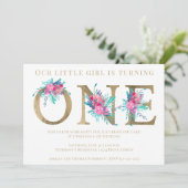 Chic gouden bloemenletter 1e verjaardag blush roze kaart (Staand voorkant)