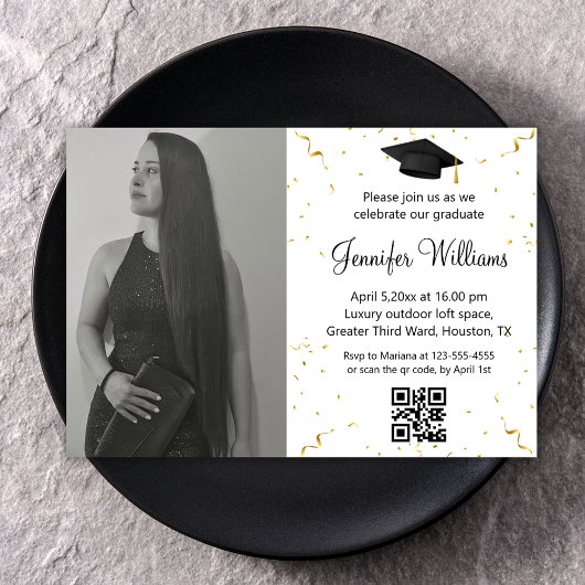 Chic Gouden Confetti Foto Afstudeerfeest QR Code Kaart