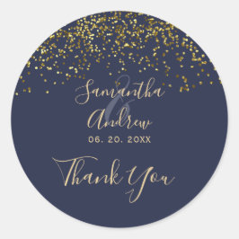 Chic gouden confetti navy blauwe typografie dank j ronde sticker