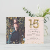 Chic gouden folie confetti foto blush Quinceanera Kaart (Staand voorkant)