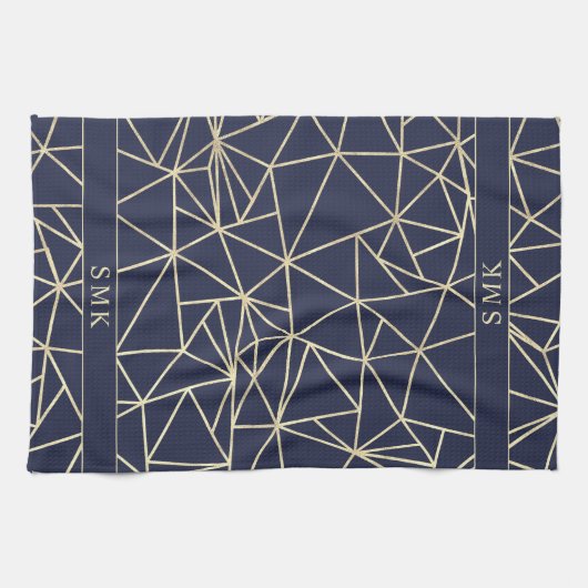 Chic Gouden Folie Geometrische Polygon Marine Blau Theedoek (Horizontaal)