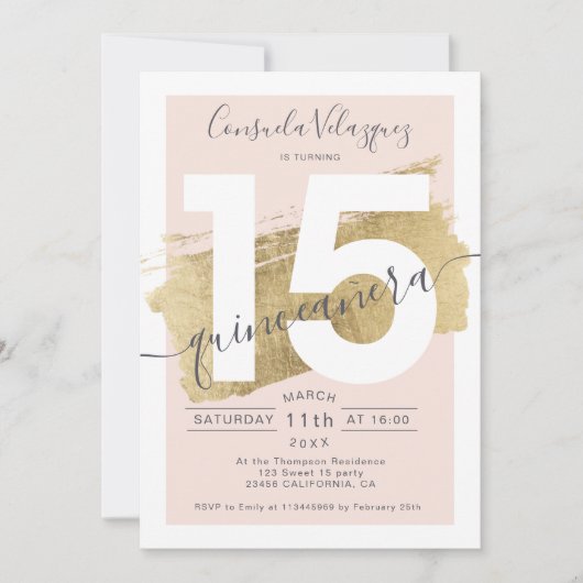 Chic gouden folie penseelstreek blos quinceanera f kaart (Voorkant)