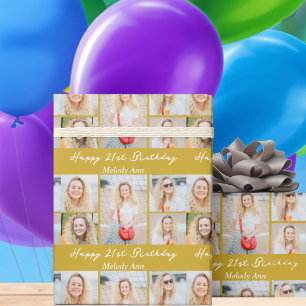Chic Gouden Gefeliciteerd Verjaardags Fotocollage Cadeaupapier
