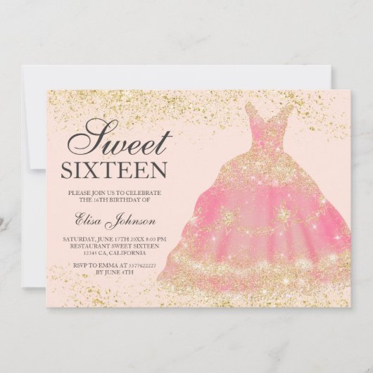 Chic gouden glitter blush roze jurk Sweet 16 Kaart (Voorkant)