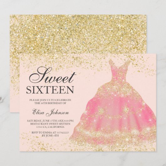 Chic gouden glitter blush roze jurk Sweet 16 Kaart (Voorkant / Achterkant)