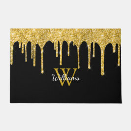 Chic Gouden Glitter Druppels Monogram Naam Zwart Deurmat