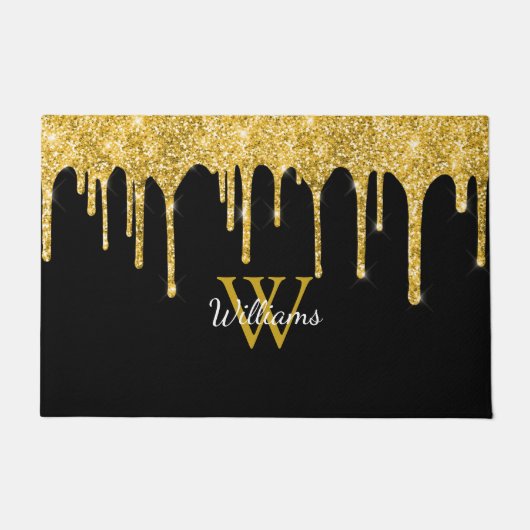 Chic Gouden Glitter Druppels Monogram Naam Zwart Deurmat (Voorkant)