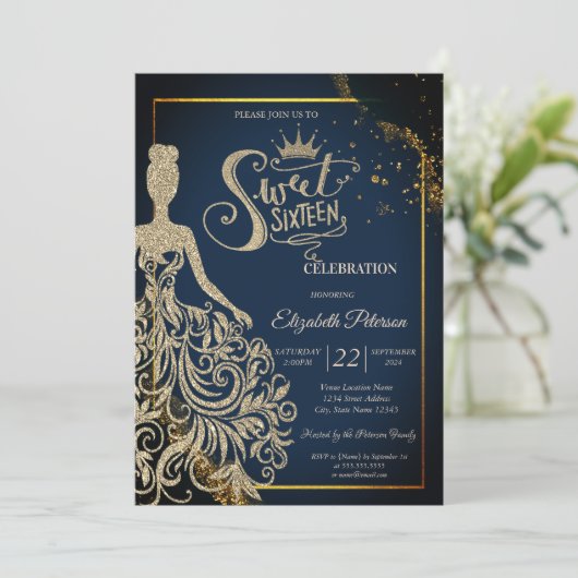 Chic Gouden Glitter Jurk, Tiara Marine Blauw Zoet  Kaart (Staand voorkant)