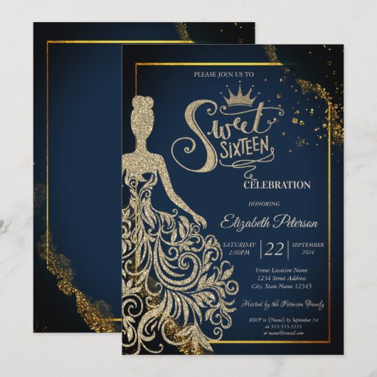 Chic Gouden Glitter Jurk, Tiara Marine Blauw Zoet Kaart (Voorkant / Achterkant)