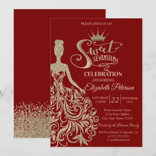 Chic Gouden Glitter Jurk, Tiara Rood Zoet Zeventie Kaart (Voorkant / Achterkant)