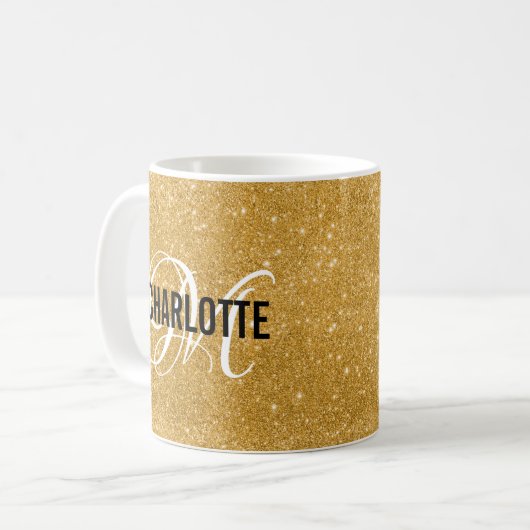 Chic gouden glitter monogram naam koffie mok (Voorkant links)