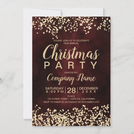 Chic gouden glitter rode corporate kerstfeest kaart (Voorkant)