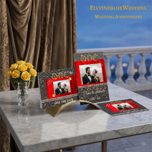 Chic Gouden Glitter & Rode Zijde 1e Verjaardagsfot Kaart