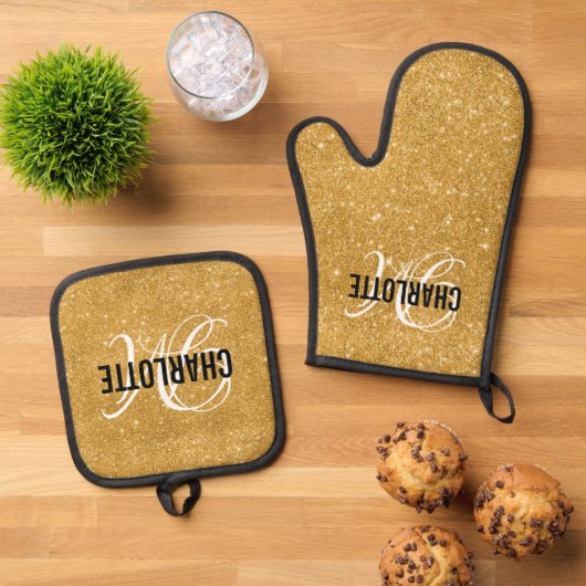 Chic gouden glitter script monogram naam ovenwant & pannenlap set (Top down)