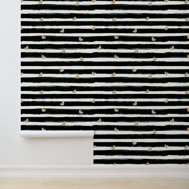 Chic Gouden Harten Zwarte Lijnen Kamer Behang (Applicatie)