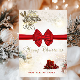 Chic Gouden Kerst Bellen, Kaarsen, Rode Boog Feestdagen Kaart