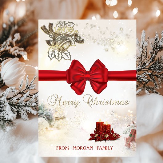 Chic Gouden Kerst Bellen, Kaarsen, Rode Boog Feestdagen Kaart