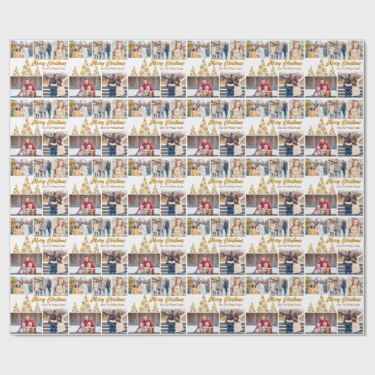 Chic Gouden Kerstboom Familie Fotocollage Cadeaupapier (Vlak)