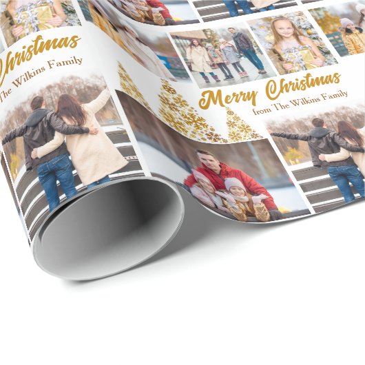 Chic Gouden Kerstboom Familie Fotocollage Cadeaupapier (Rol Hoek)