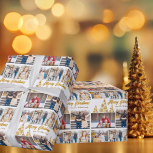 Chic Gouden Kerstboom Familie Fotocollage Cadeaupapier
