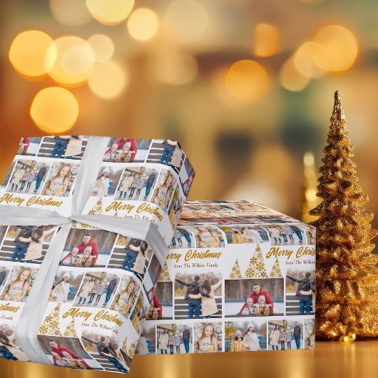 Chic Gouden Kerstboom Familie Fotocollage Cadeaupapier