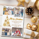 Chic Gouden Kerstboom Familie Fotocollage Feestdagenkaart<br><div class="desc">Een chique gouden script kerstkaart met uw familie foto collage rond een prachtige boom gemaakt van gouden sneeuwvlokken met vrolijk kerstfeest en uw persoonlijke boodschap. Personaliseer met uw 5 favoriete kinder foto's en een volledige verticale foto op de achterkant van deze trendy sneeuwvlok vakantiepas.</div>