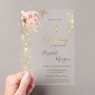 Chic gouden kruis doop goud glitters boho bloemen acryl uitnodigingen