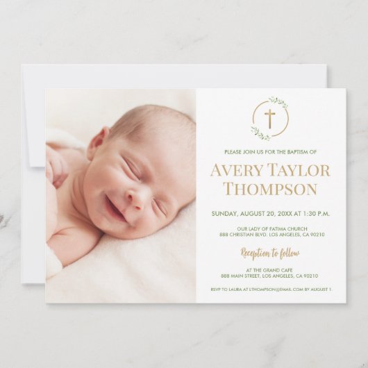 Chic Gouden Kruis Waterverf Custom Foto Doop Kaart (Voorkant)