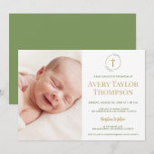 Chic Gouden Kruis Waterverf Custom Foto Doop Kaart (Voorkant / Achterkant)