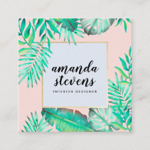 Chic gouden lijst blush roze waterverf tropisch vierkante visitekaartje